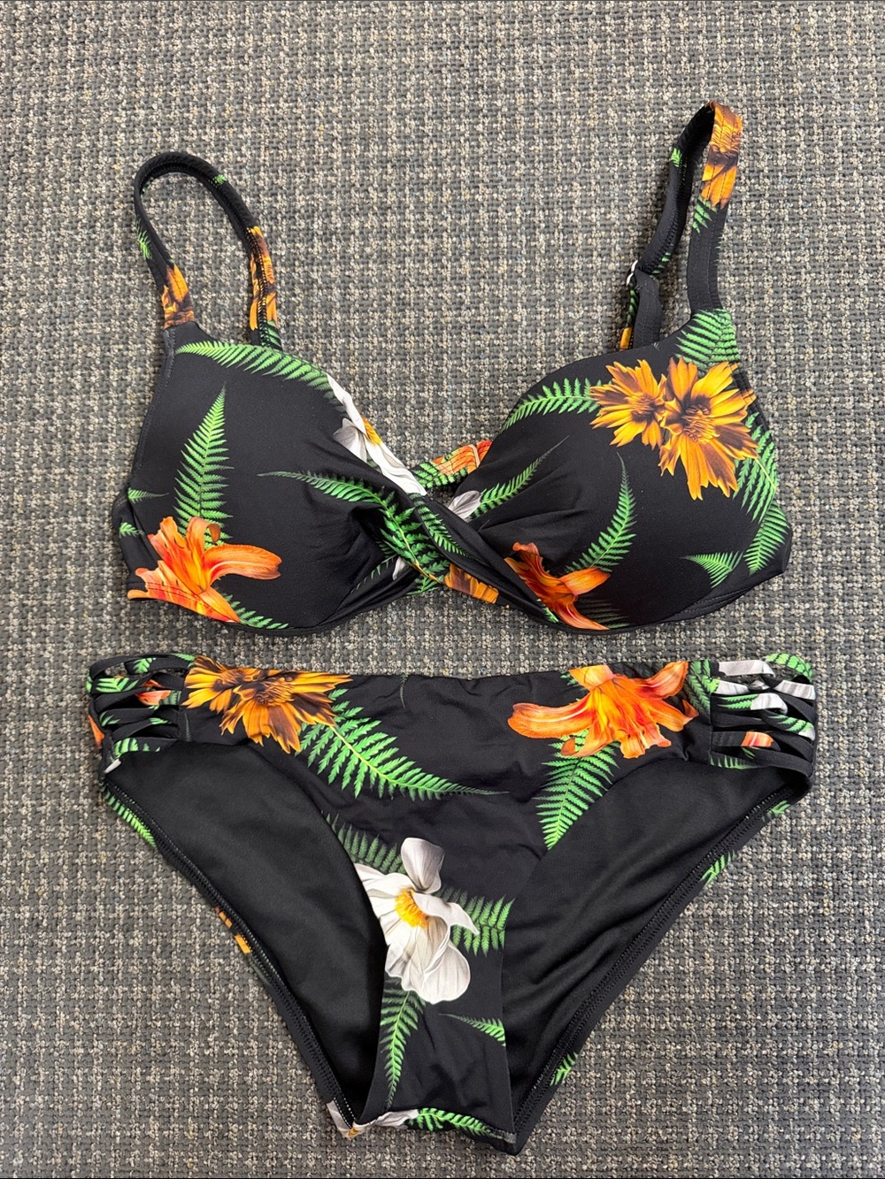 Black Floral Underwire Bikini Set with Orange & White Blooms